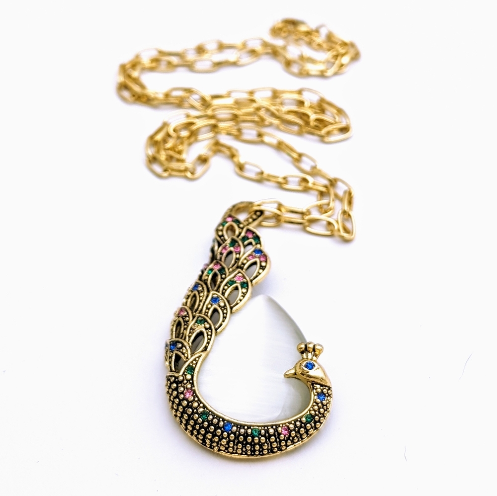 18k Gold Plated Large White Glass Teardrop Rhinestone Peacock Pendant Necklace